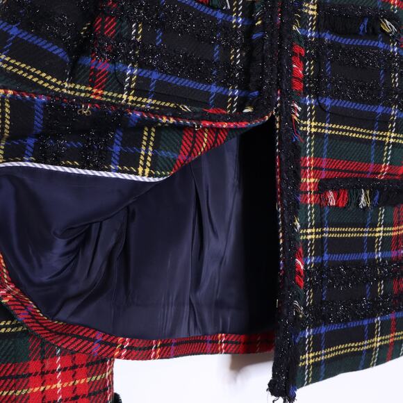 J CREW Lady Jacket Lurex Stewart Tartan Red Black Fringe Open Blazer Women's 4 - Picture 13 of 16